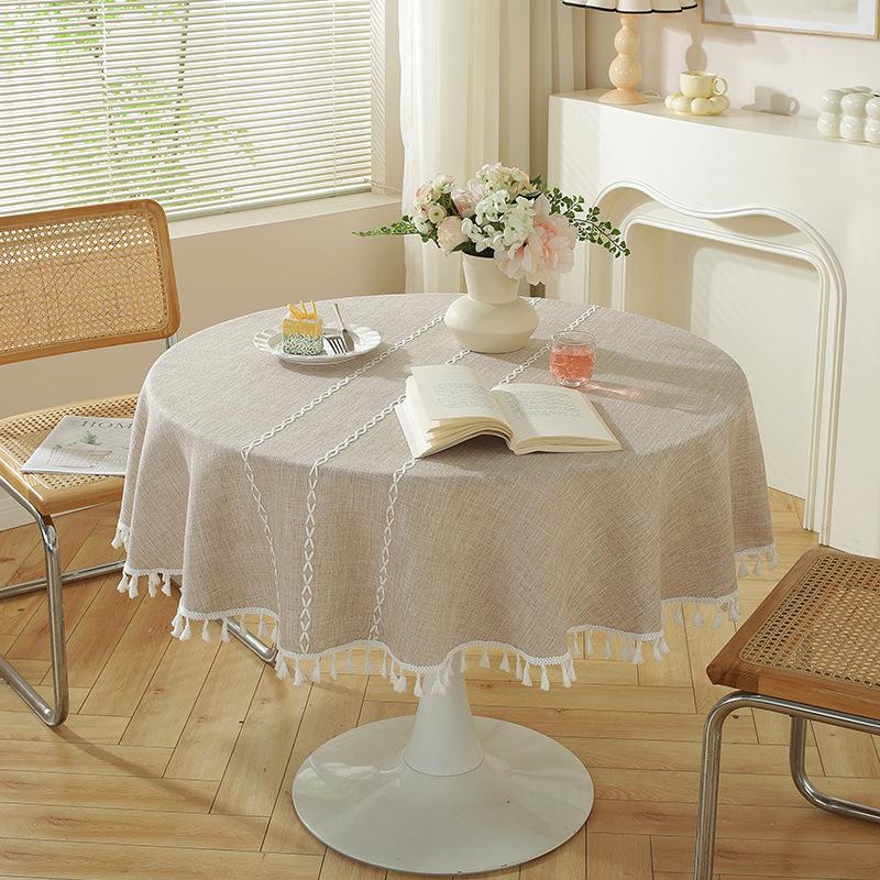 European And American Hot-Selling Jacquard Fabric Round Tablecloth Mis Style Solid Color Cotton And Linen Three-Dimensional Embroidery Fringed