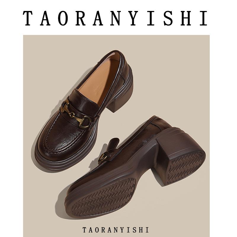 

женские туфли на толстой подошве с пряжкой для верховой езды, маленькие кожаные туфли, женские туфли на толстом каблуке, каблук, черный, туфли-лодочки для通勤 40 коричневый