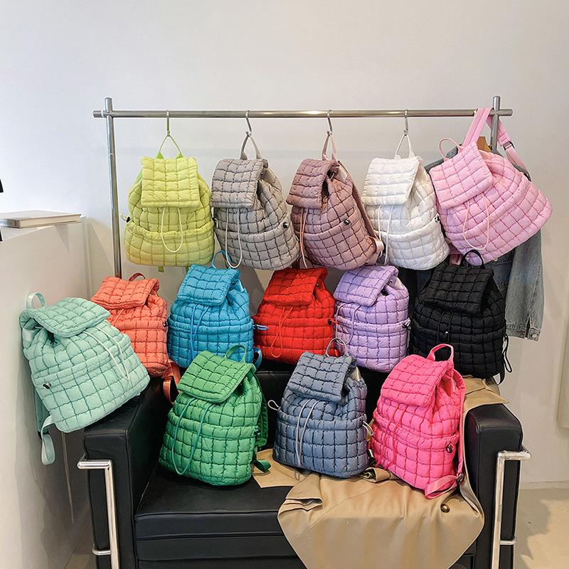 Niche casual simple design women's summer wind backpack pleated cloud fashion down cotton plaid drawstring backpack