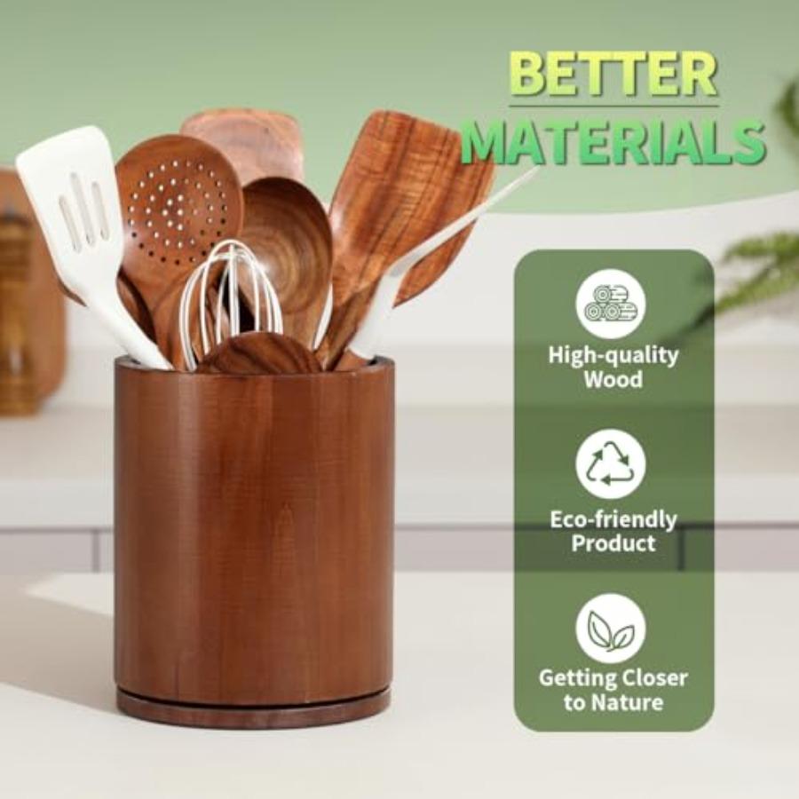 Wooden Utensil Holder 360 Rotating 7.3'' Large Kitchen Counter Utensil Organizer with Walnut Finish Farmhouse Style Countertop