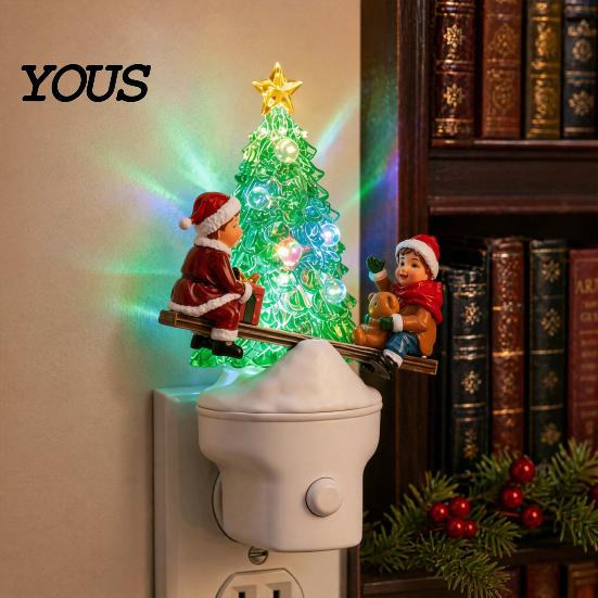 Plug-in Night Light for Bedroom Christmas LED Light, Resin Glowing Tree Lamp with Kids Reindeer Modern Relief Texture Seesaw Design, Wall Decor