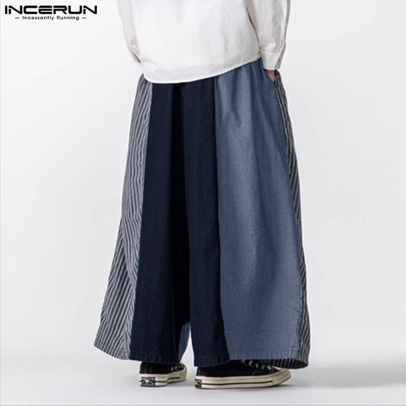 INCERUN Men Casual Elastic Waist Patchwork Plaid Long Baggy Wide Legs Pants Trousers