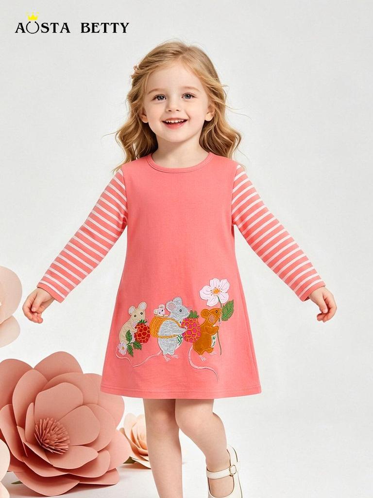 European & American Style Girls' Long-Sleeve Dress with Mouse Appliqué Embroidery - 2026 Autumn Collection