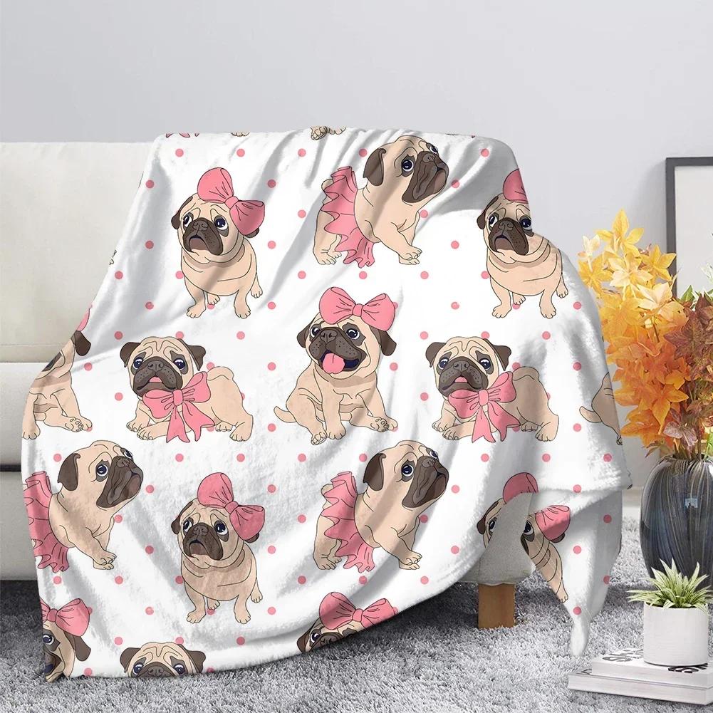 Flannel Blanket Cute Animal Pug Dog Soft Warm Fall Sofa Fleece Throw S for Bed  Couch  King Size Lightweight