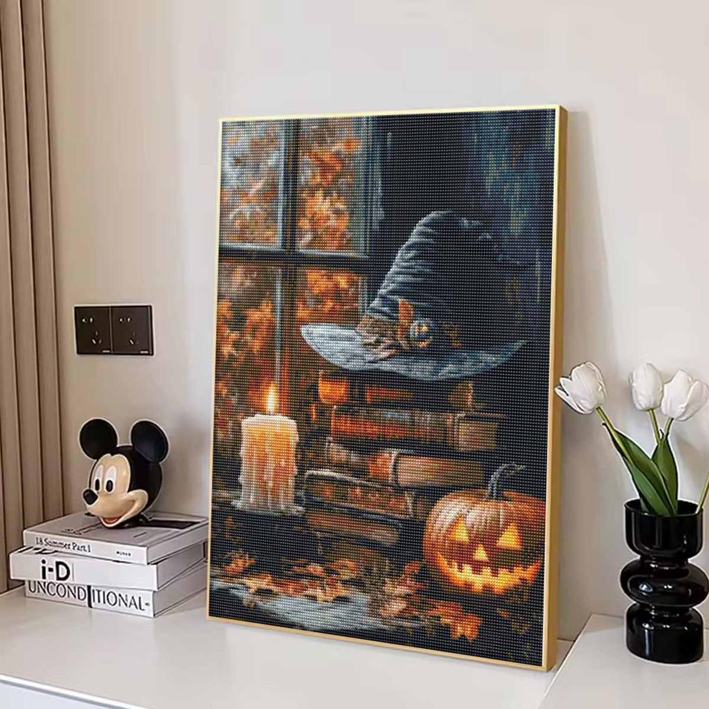 5D Diamond Painting Kit Halloween Witch Hat Books Pumpkin Candle Pattern DIY Rhinestone Art Canvas Relaxing Craft Wall Decor Gift