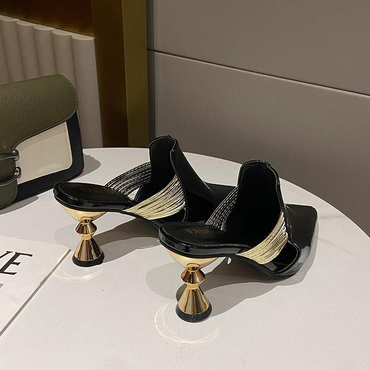 Fashion Summer High Heel Slippers for Women Elegant Pointed Toe Mules Woman Strange Heel  Wedding Party Shoes Big Size Slippers