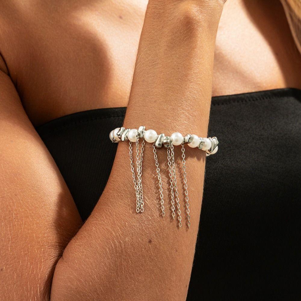 Silver Long Tassel Hand Chain Adjustable Link Chain Bracelets Imitation Pearl Bracelet Unisex