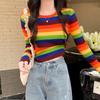 2025 Přiléhavý korejský svetr s duhovými pruhy odhalující pupík