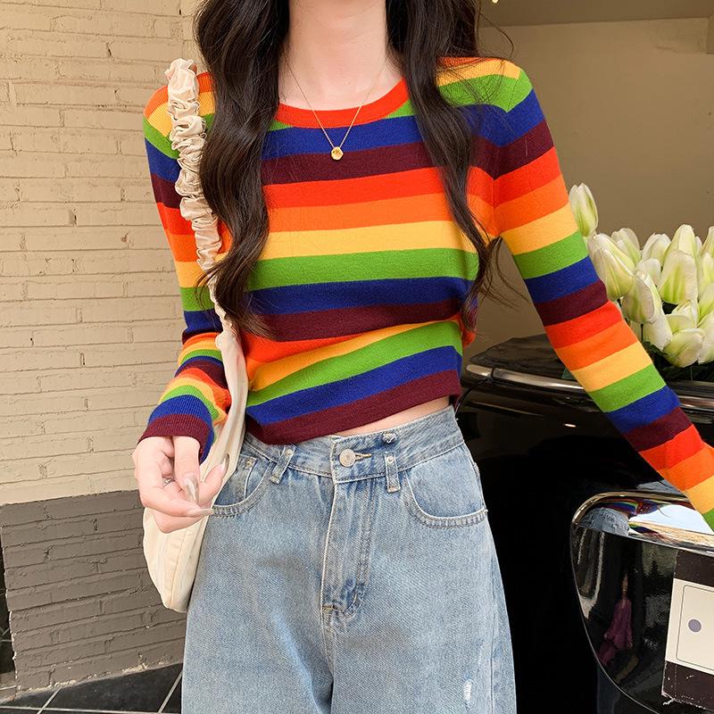 2025 Slim Fit Korean Rainbow Striped Navel-Baring Sweater