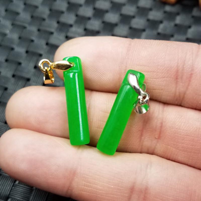 Green Quartzite Jade Cylindrical Pendant Necklace Silver Clasp Approx. 6x25mm