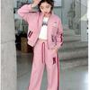 Girls' 2026 Autumn Color Block Top & Striped Cardigan Sportswear Set