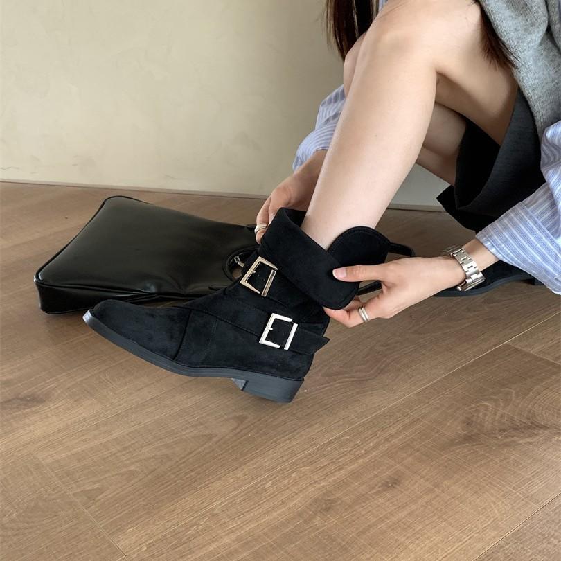 2025 autumn new retro low-heeled Maillard short boots slim Korean version boots women's black khaki green