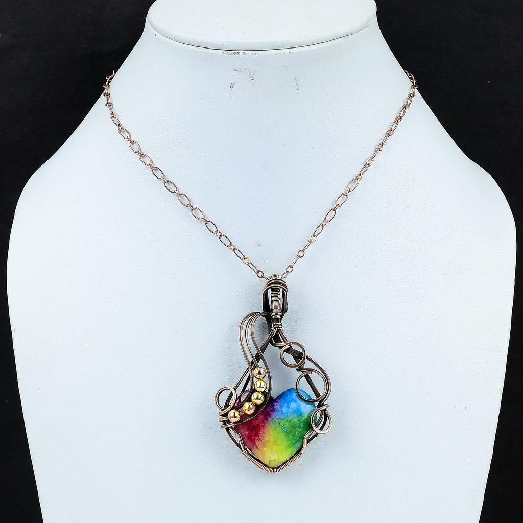 Rainbow Solar Quartz Gemstone Handmade Pure Copper Wire Wrapped Pendant Jewelry For Memorial