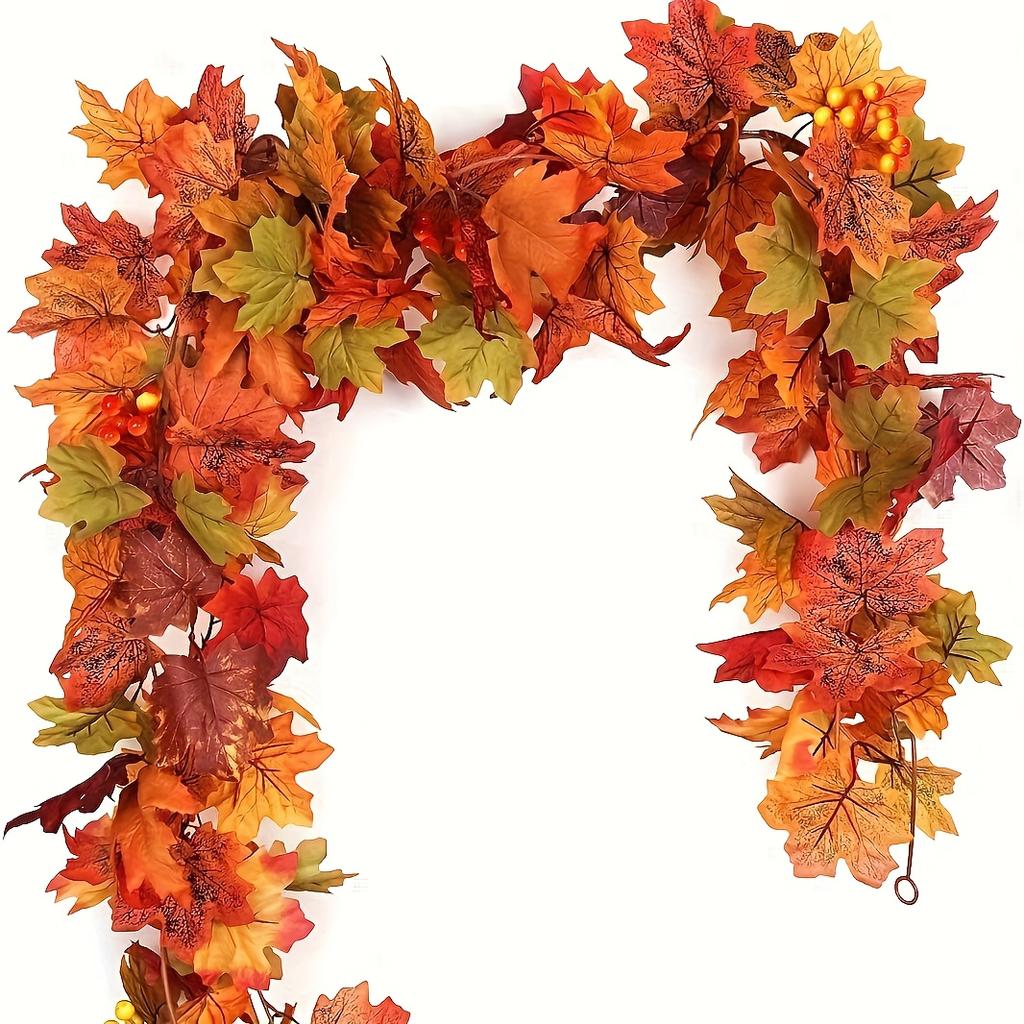 1PC Extra Long 78.74 Faux Maple Leaf Wreath - Realistic Fall Shades Red, Orange & Yellow Green | Heavy Duty Plastic Branches Vines