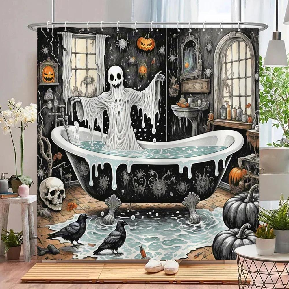 Lustiger Halloween-Duschvorhang Wasserdichter Badezimmer-Vorhang Schrecklicher Verrückter Skelett, Geist, Dunkler Stil Heim-Dekorationsvorhang