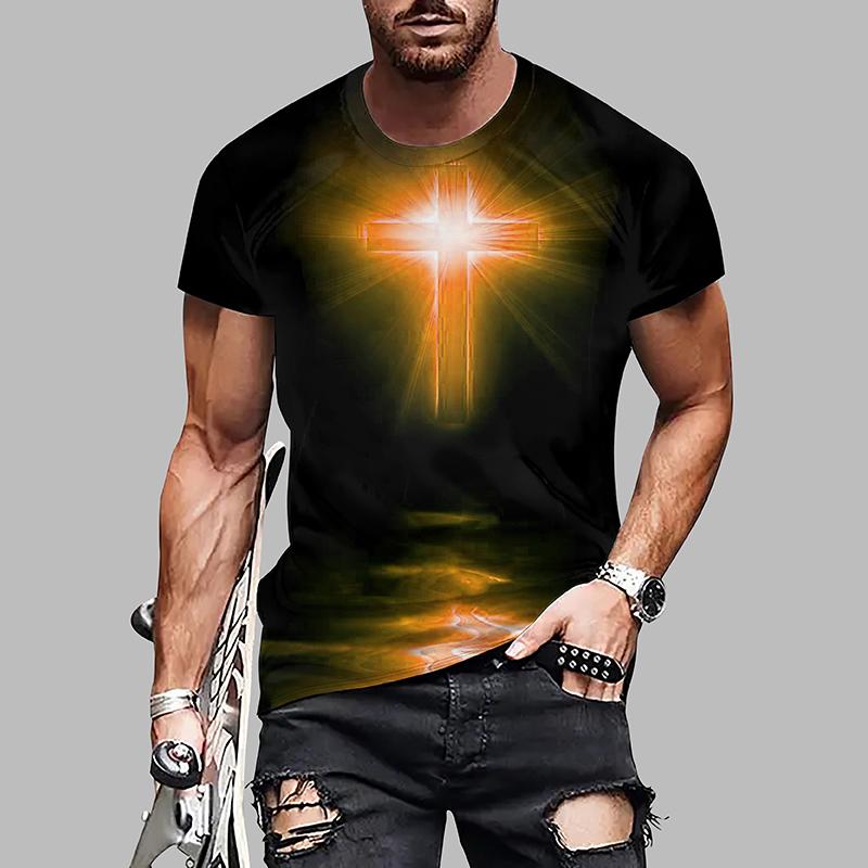 New Summer Men's Fashion T-shirt Personality Cross Printed Men's T-shirt Top