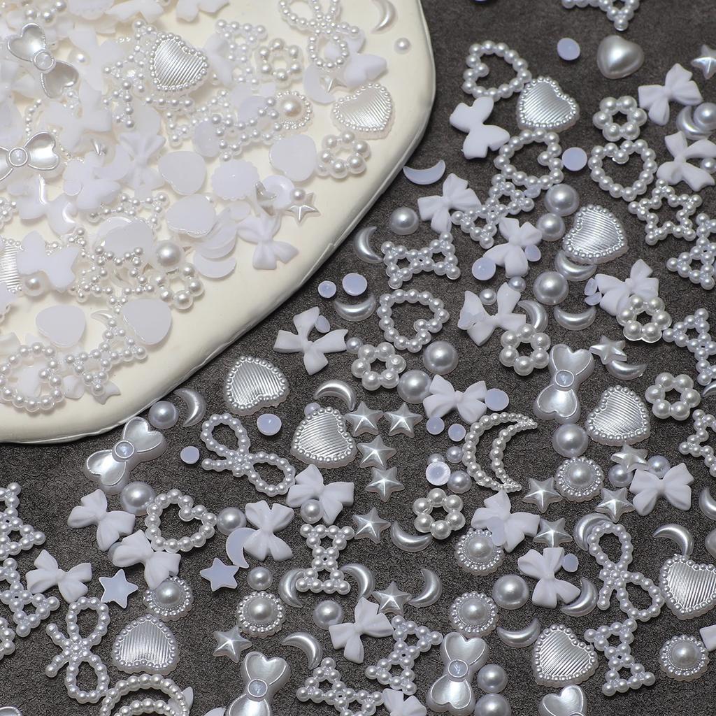 1 Box Nail Accessories 3d Nail Charm Resin Love Bow Pentagram Nail Accessories Mixed Pink White Resin Hollow Pearl for Manicure