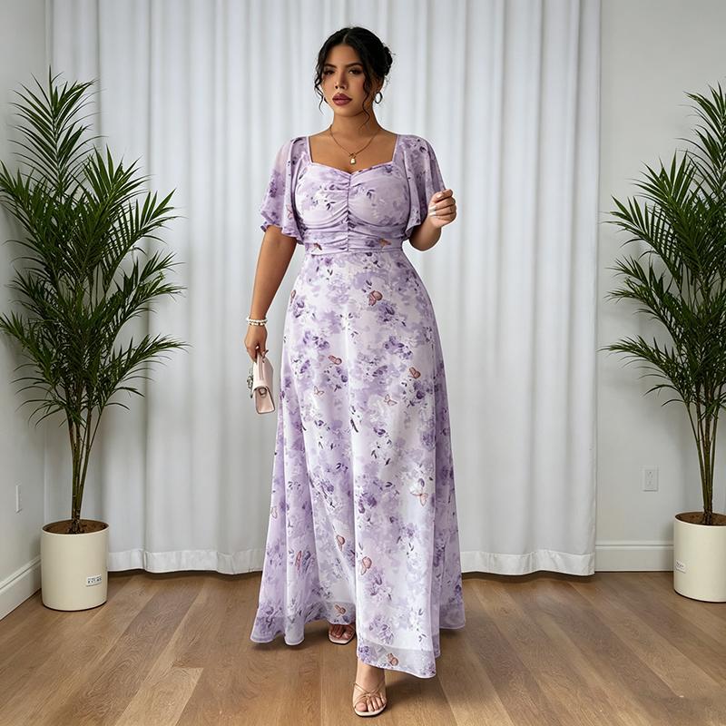 Women Plus Size Butterfly Floral Maxi Dress Square Neck Ruched Bust Boho Wedding Guest