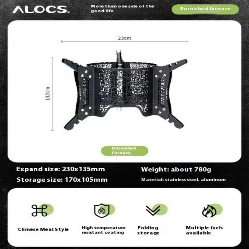 

Alocs Outdoor Camping Taotie Pattern Outdoor Grill - 780g Ultralight Tripod, Multi-Fuel Compatible, 201 Stainless Steel Campfire Pot 230x135mm чёрный