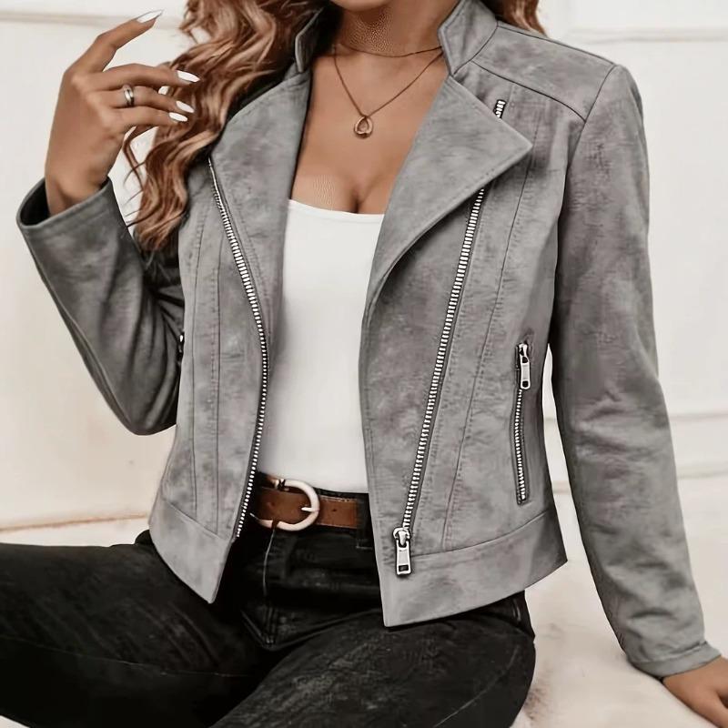 Women's clothing autumn and winter new suede solid color personalized lapel metal zipper jacket jacket