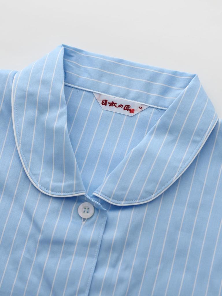 Kaituck Made In Japan by Japanese Satin Cotton Long Striped Sax Round Family Craftsmen, Women's 100% Pajamas, Sleeve, Pattern, Spring/Autumn, M/L (L,