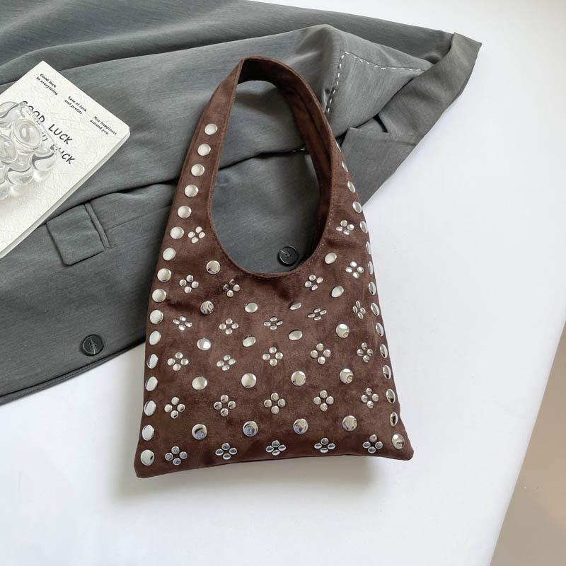 European American Fashion Tote Bags Stylish Shoulder Bags With Studs Dots New Suede Handbags Versatile Solid Color Commuter Bags