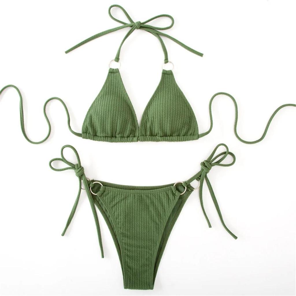 8 Colors Sexy Halter Strappy Ribbed Bikini Women Swimwear Female Swimsuit Two-pieces Bikini set Bather Bathing Suit Swim