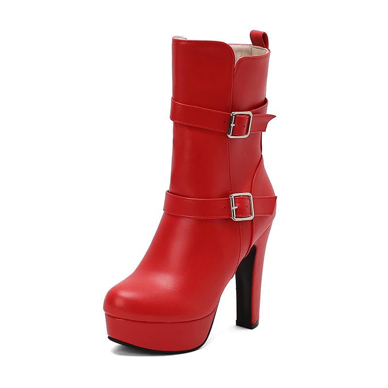 Side Zipper Belt Buckle Medium Boots Water Platform Thick Bottom High Heel Boots Knight Boots 40-50 Large Size Boots