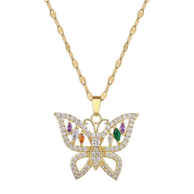 Light Luxury Full Diamond Micro-Inlaid Zircon Heavy Industry Color Butterfly Necklace Copper Electroplated Real Gold Pendant