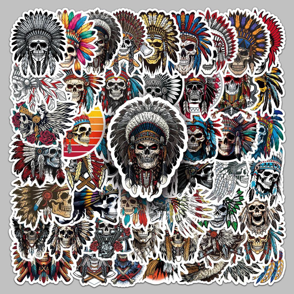 50PCS Retro Chief Skull Stickers: Cool, Creative, Waterproof Halloween Décor for Journals & Glass