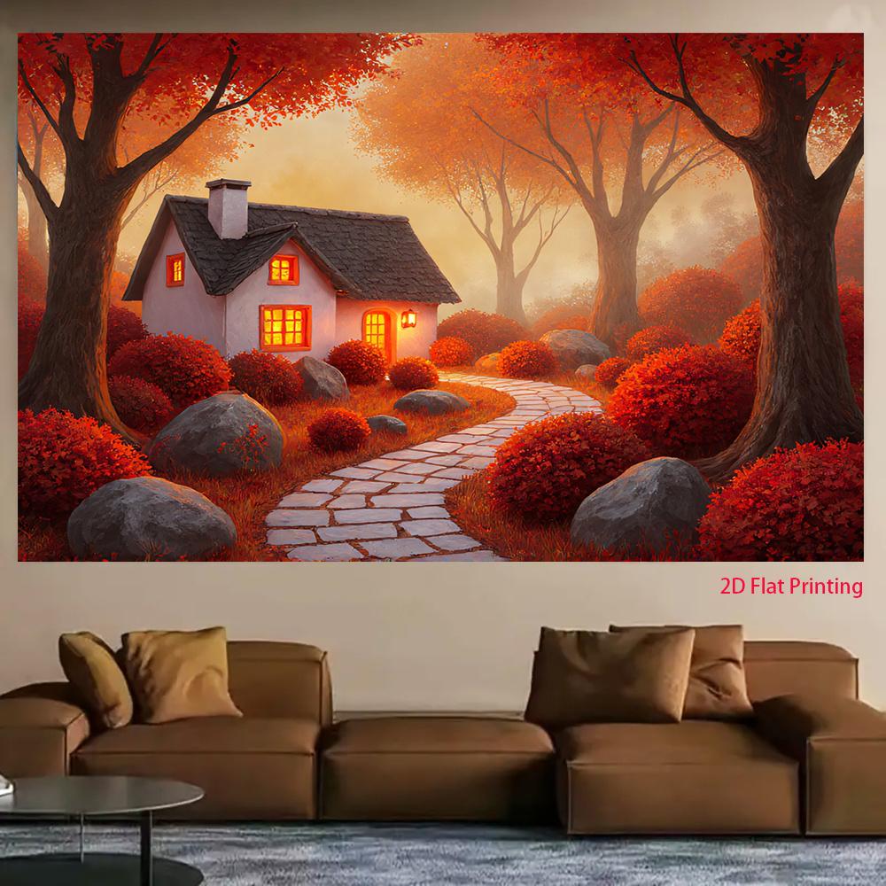 2D Plane 1 Piece of Orange Autumn White House Suitable As a Banner Background Fabric for Outdoor Celebrations