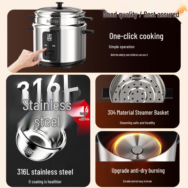 TRIANGLE 316 Stainless Steel Rice Cooker with Steamer CN Plug (adapter Included)