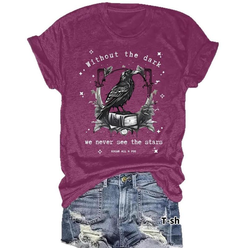 Women's Art Crow and Book Design Print Casual Short-sleeved Round-neck T-shirt