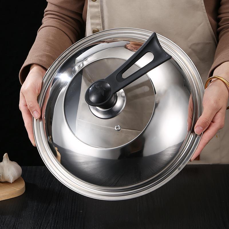 Stainless Steel Explosion-Proof Glass Wok Lid, Flat Bottom, 28CM-40CM