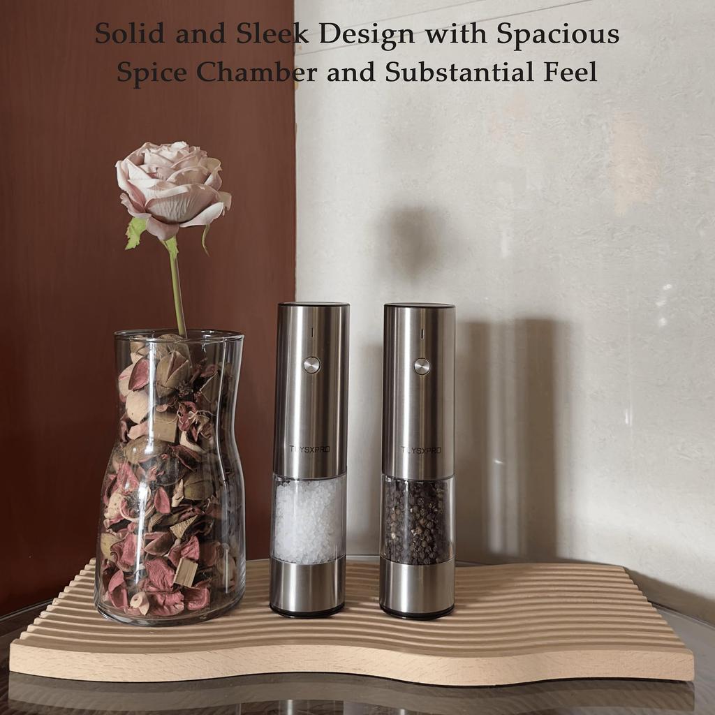Electric Pepper Mill, USB Rechargeable Automatic Salt and Pepper Grinder - Adjustable Coarseness, LED Light, Refillable (Set of 2, Stainless Steel)