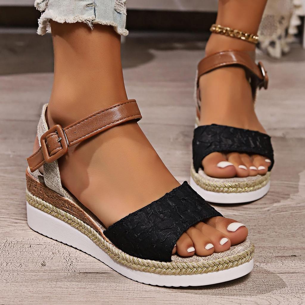 Large women's pleated hemp rope open toed sponge cake thick soled sandals