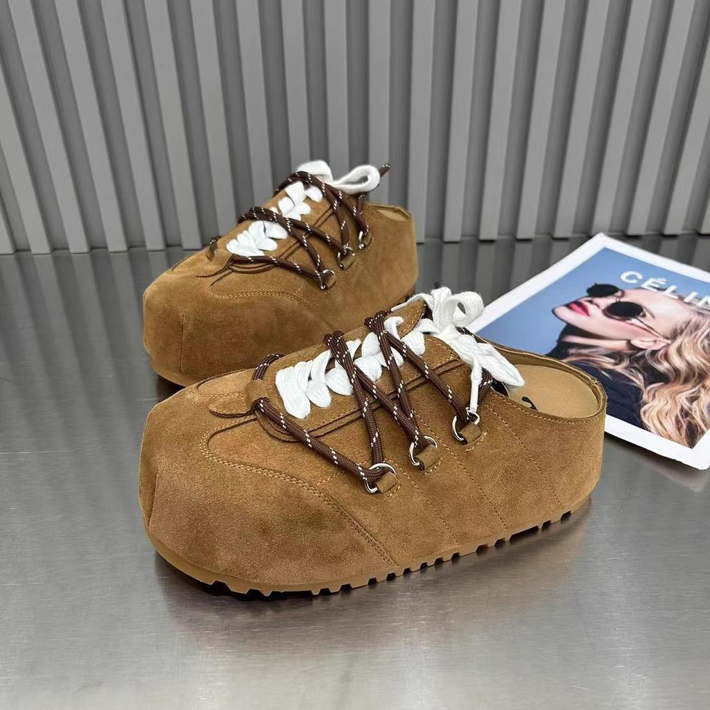 European thick-soled bag head slippers women's 2025 spring new high-end leather lace-up Boken shoes outer lace-up slippers