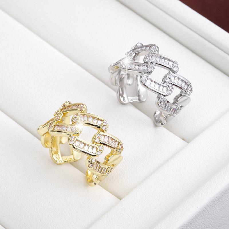 Elegant Open Adjustable Zircon Pinky Ring: Luxurious Full Diamond Chain Design In High-End Copper