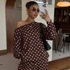 Womens Polka Dot Print Off Shoulder Long Sleeve Loose Casual Two Piece Sweatshirt Pant Set