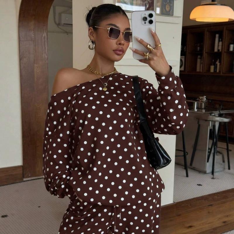 Womens Polka Dot Print Off Shoulder Long Sleeve Loose Casual Two Piece Sweatshirt Pant Set