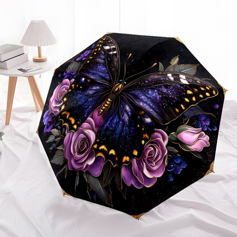 1 PC Automatic Folding Umbrella - Butterfly and Roses Pattern, Portable & Foldable Design with 8 Ribs, Christmas Birthday Gifts