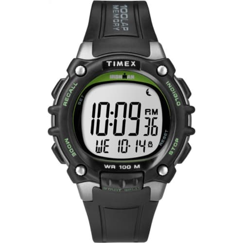 Timex full-size Ironman Classic 100 watch, black/green, chronograph.