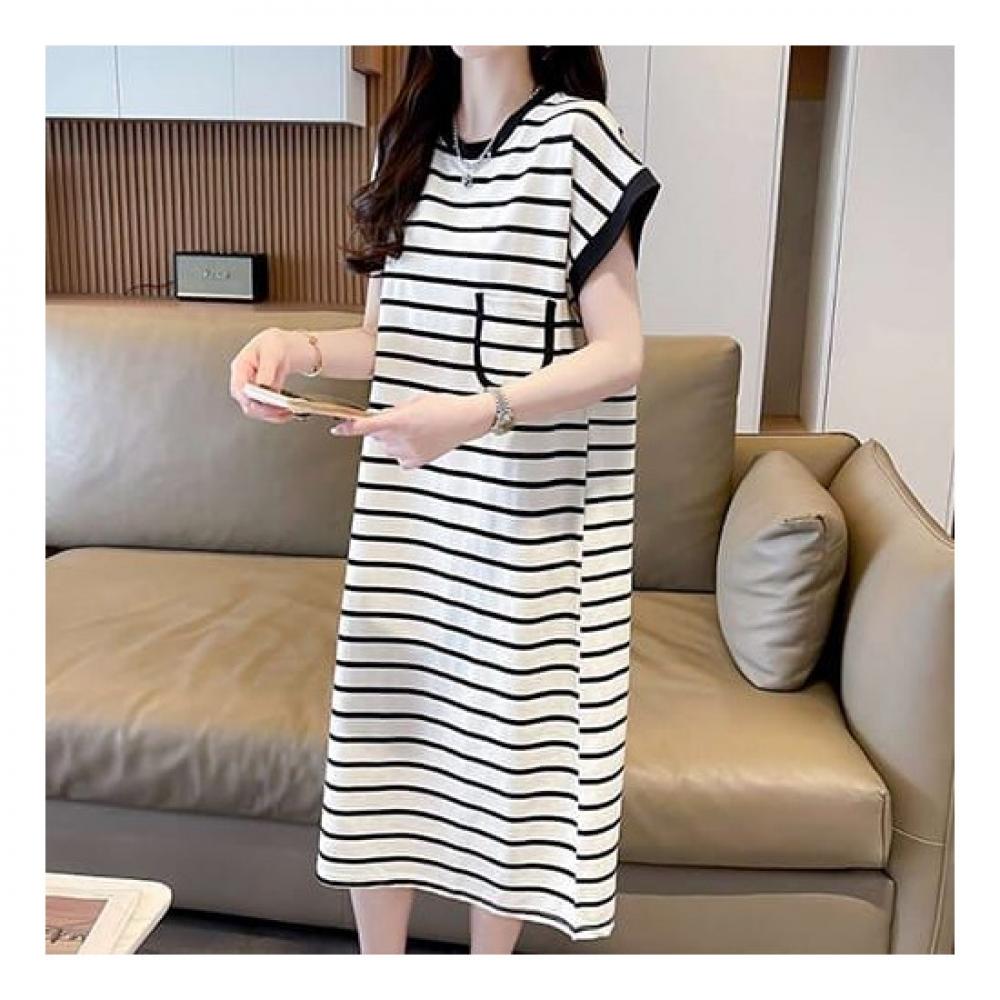Navava Casual Stripe Round Neck Cap Sleeve Long Dress No809