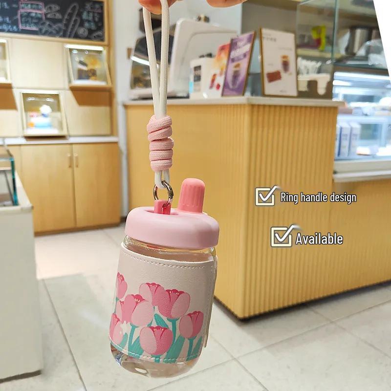 Influencer Portable Insulated Glass Water Cup with Leather Sleeve – Stylish Gift for Female Students