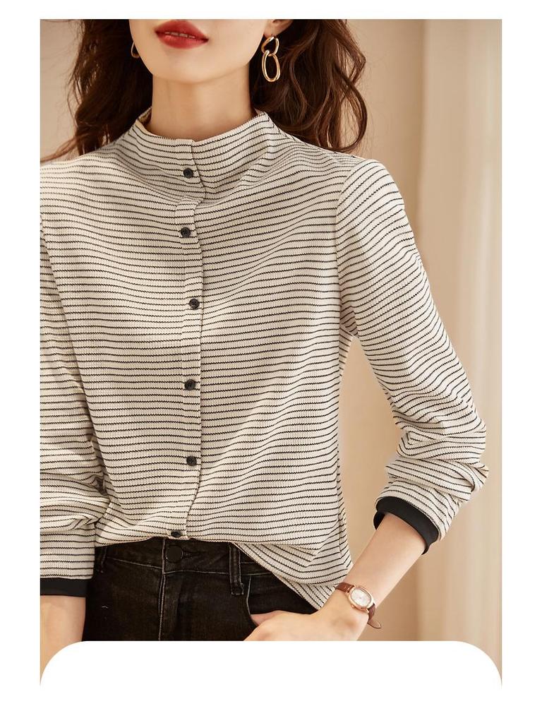 Women's 2023 Winter Color-Block Striped Semi-High Neck Long Sleeve Base Layer Top