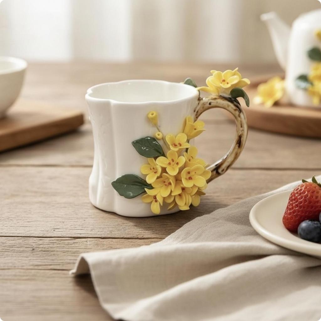 Ceramic Mug with Branch Handle Sculptural Floral Decoration Comfortable