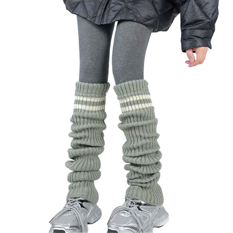 Women Thicken Ribbed Knit Leg Warmer Preppy Style Double Striped Leg Covers Snow Boot Cuffs Over Knee Stacked Long Socks