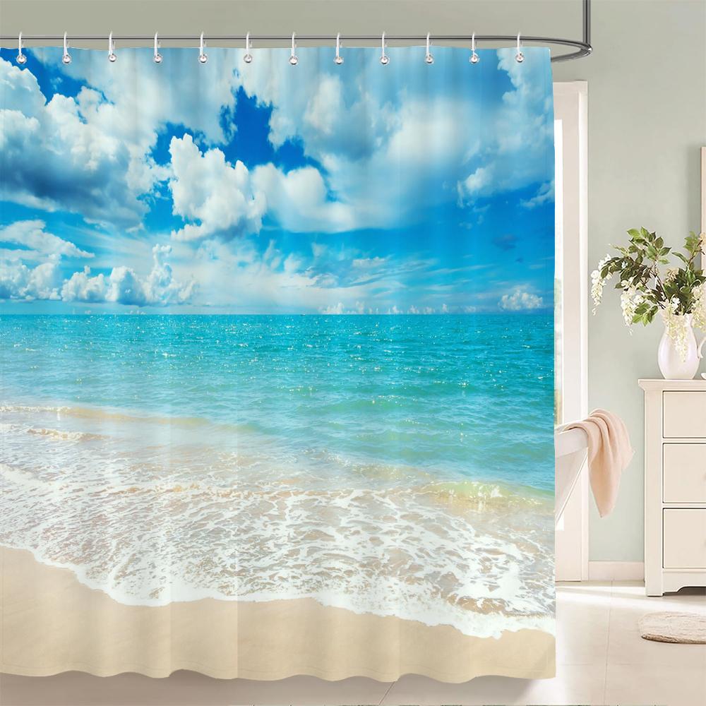 High Quality Sunny Beach Printed Fabric Shower Curtains Sea Scenery Bath Screen Waterproof Products Bathroom Decor with 12 Hooks