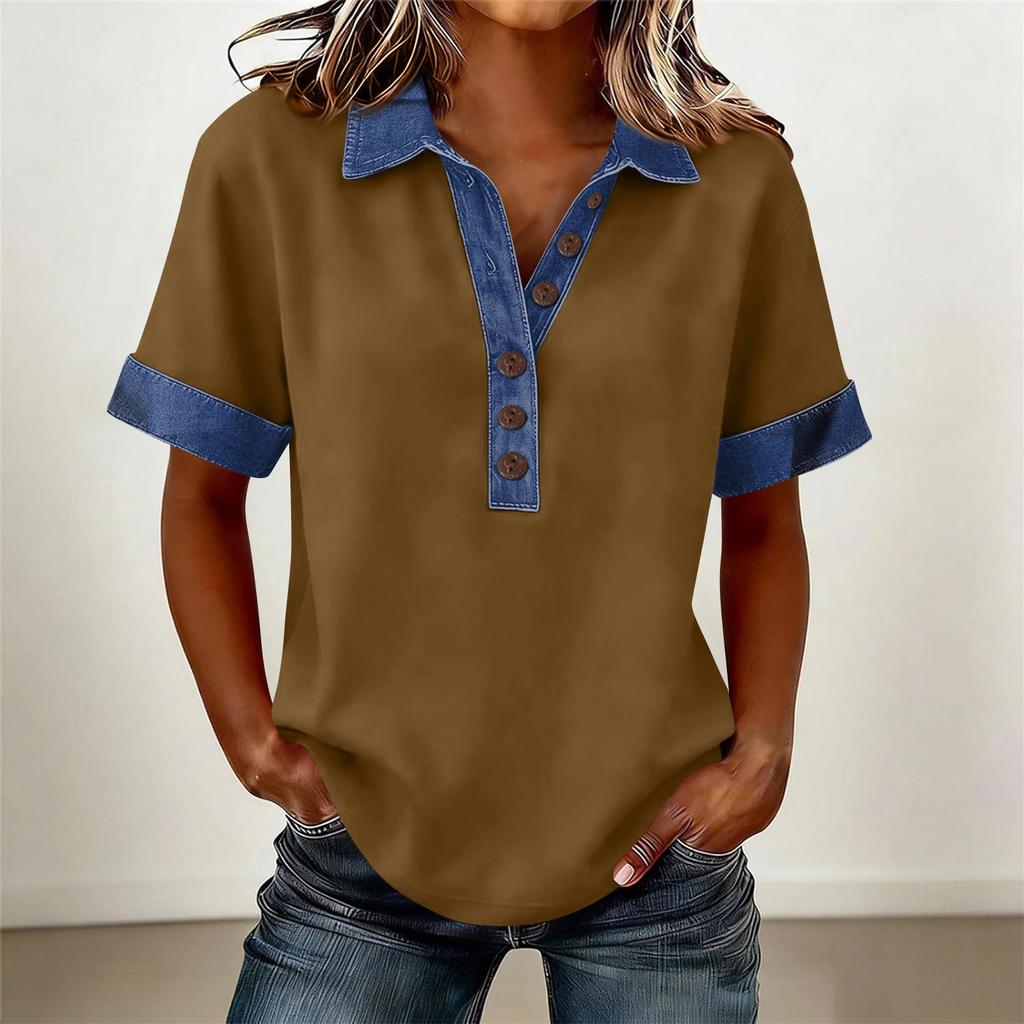 Denim Patchwork Shirts For Women Stand Collar Casual Blouse Short Sleeve Comfy Tshirt Spring Summer Fashion