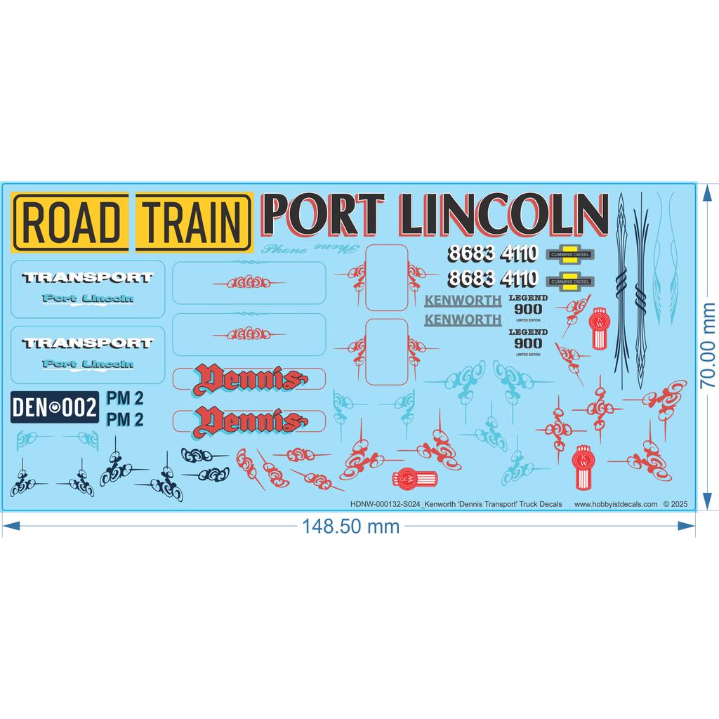 Kenworth 'Dennis Transport' Truck Decals - 1/24 - Water Decal